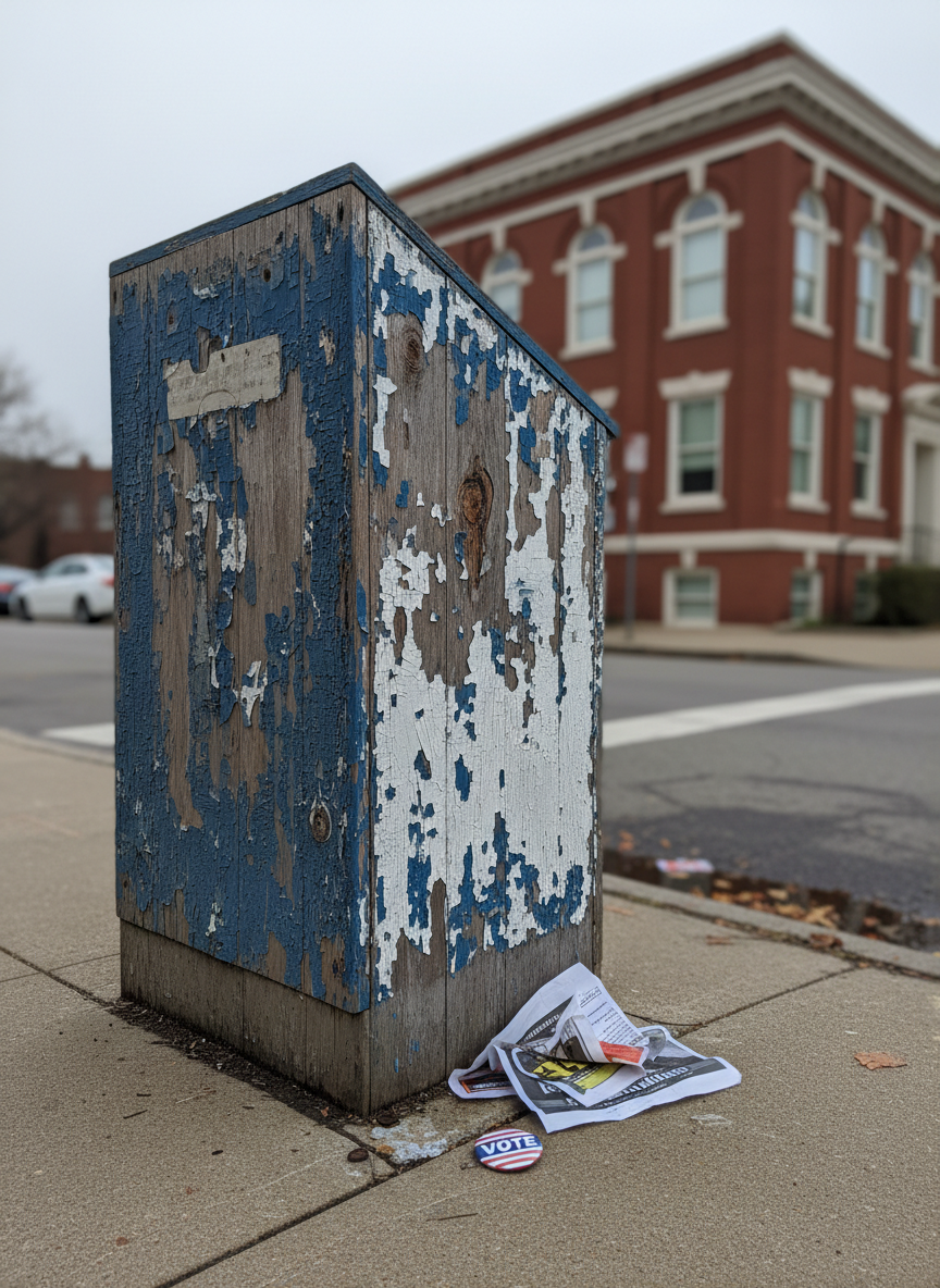 A worn wooden ballot drop box with chipped paint and visible scratches, bolted to a cracked city sidewalk outside a modest municipal building. Scattered flyers and a discarded campaign button lie in the gutter nearby, hinting at a recent, heated election. Overcast daylight creates flat, honest lighting, emphasizing textures and imperfections rather than glamor. Shot at eye level with a slightly wide lens, the box fills the foreground while the blurred outline of the city hall looms in the background. The atmosphere is tense and serious, photographic realism highlighting the unvarnished mechanics of democracy and the quiet, physical point where political power is actually exercised.