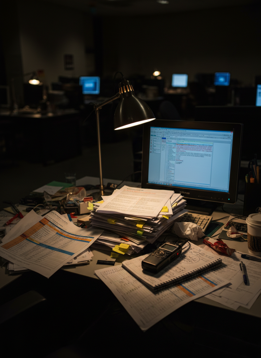 A cluttered newsroom desk late at night, stacked with printed policy drafts, highlighted budget spreadsheets, and a well-used digital audio recorder resting beside a notepad filled with frantic scribbles. An old desktop monitor displays a half-written investigative article with visible tracked changes, though the text is illegible. A single desk lamp throws a harsh cone of warm light over the chaos, while the rest of the room fades into shadow and the faint glow of distant monitors. Shot from a slightly elevated angle with a shallow depth of field, the composition centers the tools of reporting. The mood is urgent, determined, and unpolished, rendered in candid photographic realism.