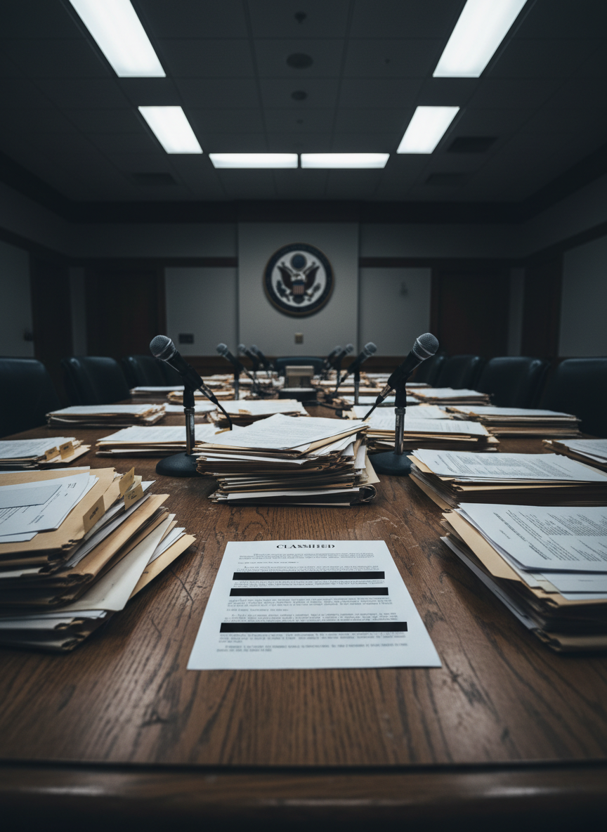A heavy, scuffed oak conference table in a dimly lit government hearing room, its surface cluttered with overflowing manila folders, printed reports, and a single redacted document with thick, blacked-out lines. Microphones and nameplates are visible but turned away from view, keeping the focus on the evidence. Harsh overhead fluorescent lights cast stark shadows and reveal every crease in the paper, creating a gritty, investigative mood. Captured from a low, close angle at tabletop height, with a shallow depth of field that blurs the distant seal of the institution on the far wall. Photographic realism underscores the sense of accountability and truth-telling under pressure.