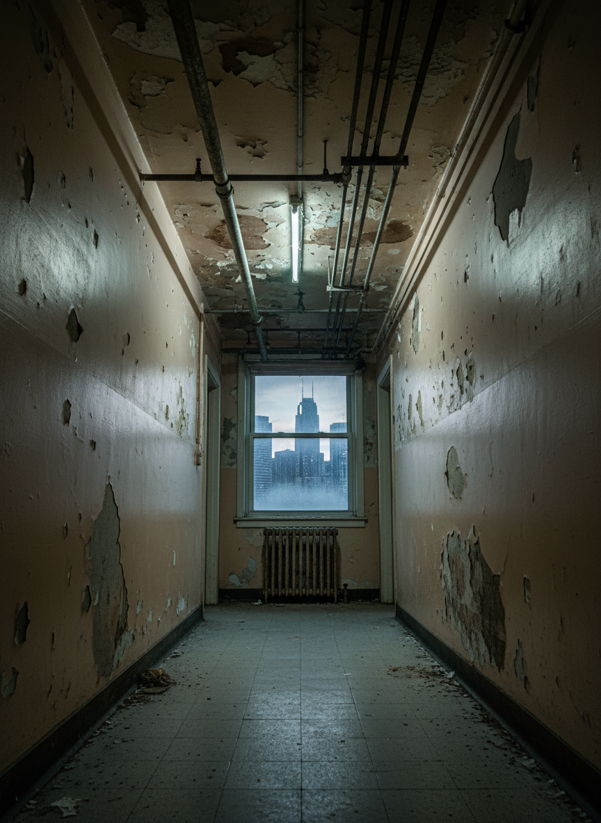 A narrow hallway of a public housing building, with peeling beige paint, exposed pipes overhead, and a flickering fluorescent tube casting cold, uneven light. A leaking ceiling has left dark stains, and a rusted radiator sits beneath a grime-streaked window that reveals the faint silhouette of a gleaming downtown skyline beyond. Shot from a low, centered perspective looking straight down the corridor, creating a strong leading line toward the window. The mood is stark and confrontational, emphasizing the lived consequences of policy decisions. Photographic realism focuses on textures—the cracked linoleum, water damage, and rust—to speak truth to power without showing any people.